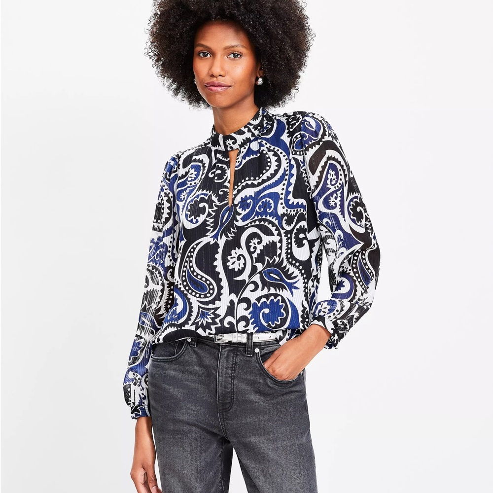 Shimmer Stripe Paisley Mock Neck Blouse